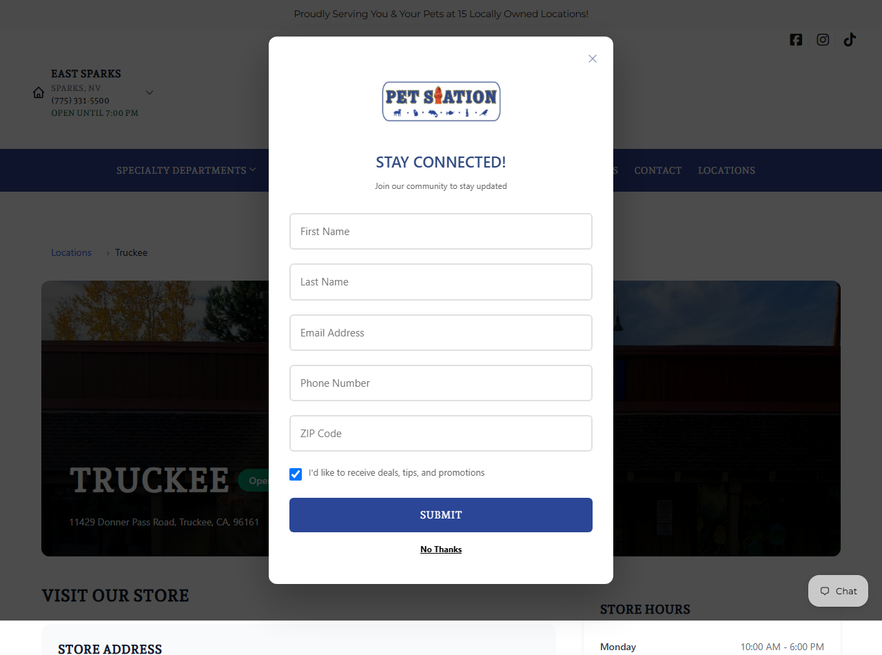 Truckee page with wrong store header and popup