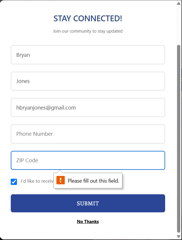 Signup popup asking for five fields